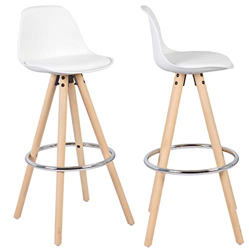 eSituro 2X Taburetes de Bar Sillas Altas, Asiento Tapizado de Cuero Sintético Juego de 2 Taburete Alto Patas de Madera con Respaldo Sillas Comedor Blanco SBST0215