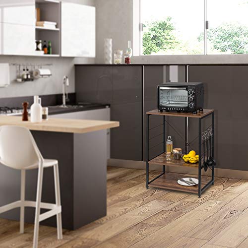 eSituro Estantería Librería Estante de Cocina Almacenamiento de Organizador Multifuncional para Microondas Plantas con 4 Ganchos 3 Estantes Metal+MDF 60x40x82CM Negro+Marrón Oscuro SSTR0058