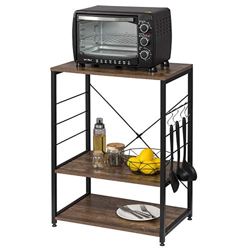 eSituro Estantería Librería Estante de Cocina Almacenamiento de Organizador Multifuncional para Microondas Plantas con 4 Ganchos 3 Estantes Metal+MDF 60x40x82CM Negro+Marrón Oscuro SSTR0058