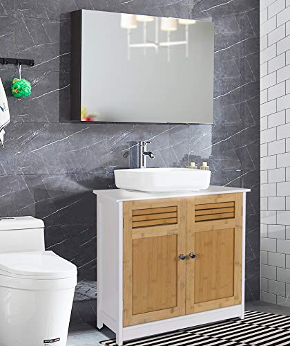 eSituro Mueble Bajo Lavabo Armario de Suelo para Baño Mueble de Baño Organizador Estante de Baño Armario de Almacenamiento, MDF Blanco+Natural 60x30x60cm SBP0048