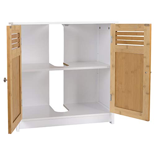 eSituro Mueble Bajo Lavabo Armario de Suelo para Baño Mueble de Baño Organizador Estante de Baño Armario de Almacenamiento, MDF Blanco+Natural 60x30x60cm SBP0048