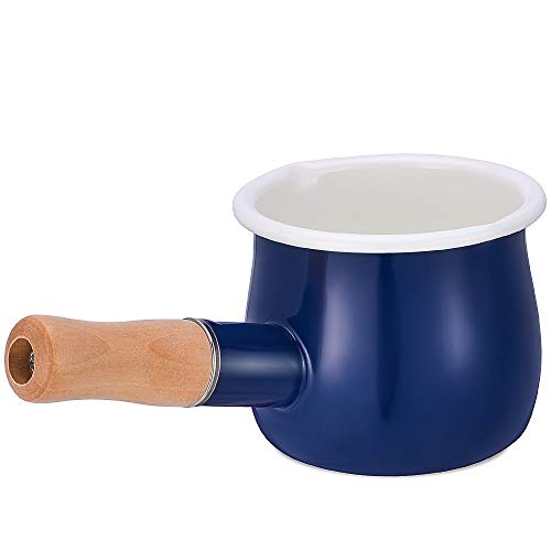 Esmalte leche Pan, Mini calentador de mantequilla 10 cm esmaltado cazo cacerola utensilios de cocina con mango de madera, tamaño perfecto para calefacción líquido porciones pequeñas.