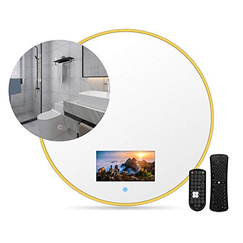 Espejo de maquillaje con luz táctil inteligente, baño elegante IP66, marco dorado a prueba de agua, mini televisor LED, listo para alta definición con transmisión en vivo a pedido en línea,60*60cm