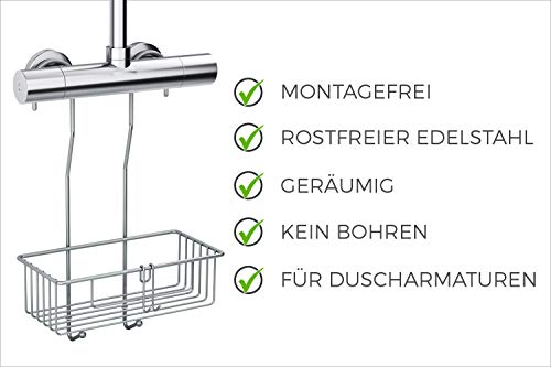 Estantería Baño Acero Inoxidable – Organizador Baño Colgante con Ganchos – Estanterías para Accesorios Baño Recubiertas de Silicona para Disminuir Ruido (40 x 25 x 13 cm)