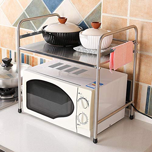 Estanterías para Horno microondas Estanteria Cocina Estantería con un Solo Estante de Acero Inoxidable con Ocho Ganchos 58 x 51.5 x 36cm