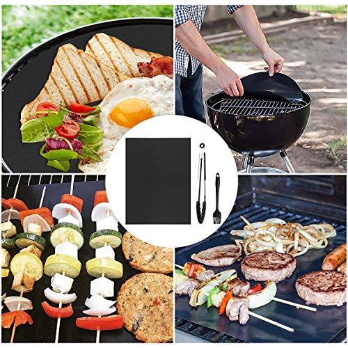 Estera Barbacoa, Tapete Parrilla Barbacoa Antiadherente Reutilizable 50x40cm, 5 Estera para Parrilla Mat+ 1 Pincel + 1 Pinzas para Barbacoa, para el Horno, Asada y Barbacoa Carbón, Gas o Eléctrica