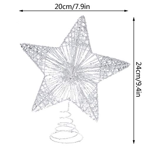 Estrella de árbol de Navidad, 5 puntos, estrella de árbol para hristmas, adorno de estrella con purpurina, decoración de copa de árbol, color plateado (20,3 cm)