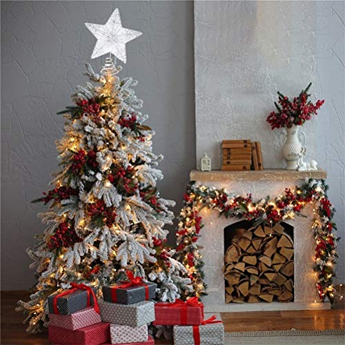 Estrella de árbol de Navidad, 5 puntos, estrella de árbol para hristmas, adorno de estrella con purpurina, decoración de copa de árbol, color plateado (20,3 cm)