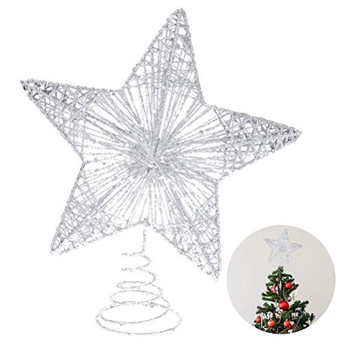 Estrella de árbol de Navidad, 5 puntos, estrella de árbol para hristmas, adorno de estrella con purpurina, decoración de copa de árbol, color plateado (20,3 cm)