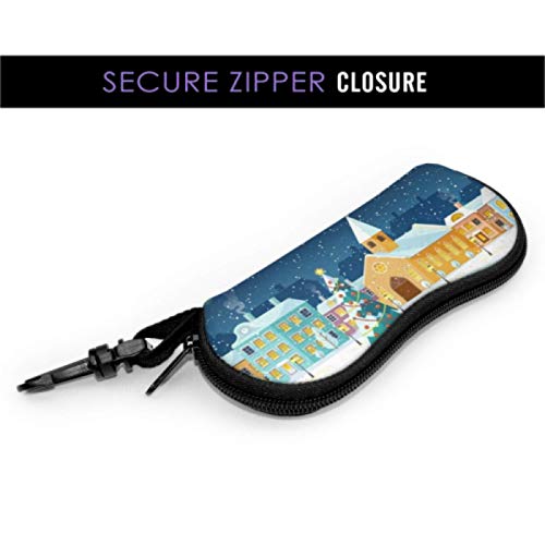 Estuche para gafas, Snowy Night Cozy Town City Panorama Gafas de sol Estuche blando Estuche para anteojos con cremallera de neopreno ultraligero con mosquetón, Estuche para anteojos para hombres