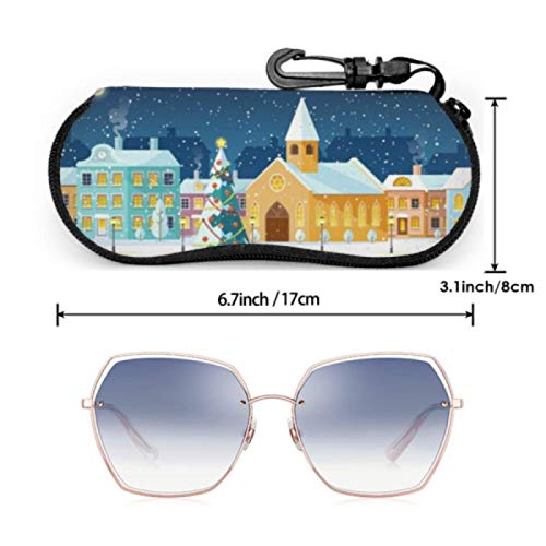 Estuche para gafas, Snowy Night Cozy Town City Panorama Gafas de sol Estuche blando Estuche para anteojos con cremallera de neopreno ultraligero con mosquetón, Estuche para anteojos para hombres