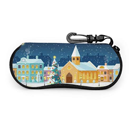 Estuche para gafas, Snowy Night Cozy Town City Panorama Gafas de sol Estuche blando Estuche para anteojos con cremallera de neopreno ultraligero con mosquetón, Estuche para anteojos para hombres