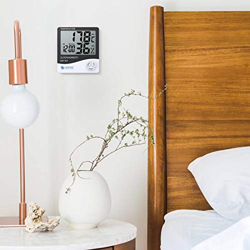 eSynic 2 Piezas Digital Medidor Termómetro Higrómetro LCD con Reloj de Alarma Monitor de Humedad de Temperatura Interior para el Familia Oficina