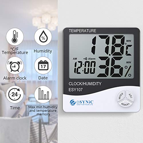 eSynic 2 Piezas Digital Medidor Termómetro Higrómetro LCD con Reloj de Alarma Monitor de Humedad de Temperatura Interior para el Familia Oficina