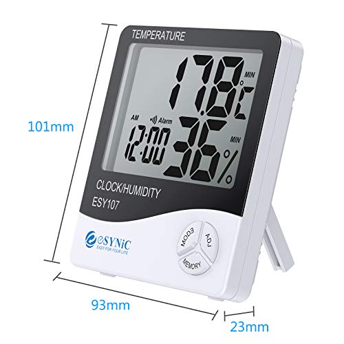 eSynic 2 Piezas Digital Medidor Termómetro Higrómetro LCD con Reloj de Alarma Monitor de Humedad de Temperatura Interior para el Familia Oficina