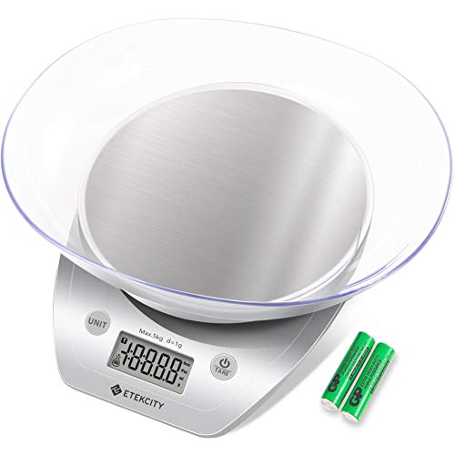 Etekcity Báscula Digital para Cocina Báscula de cocción de acero inoxidable Multifunción con bol extraíble, 5 kg / 11 lb, batería AAA incl., Rojo/ Plata