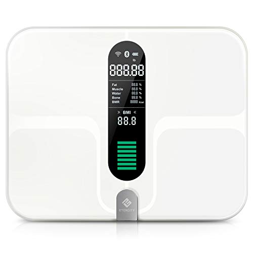 Etekcity Báscula Grasa Corporal Báscula de Baño Bluetooth Inteligente WiFi, USB recargable, Báscula Digital con 12 Funciones, Plataforma Extra Grande y Vidrio Conductivo ITO, 400 lb (180 kg), ESF00+