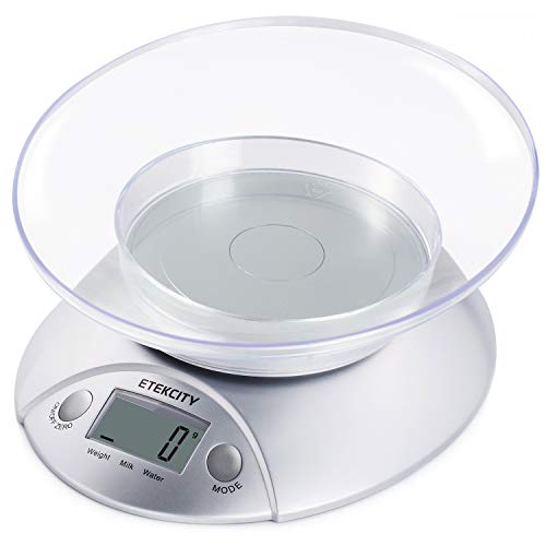 ETEKCITY EK3550 Báscula Digital para Cocina con Tazón Removible, 5 kg / 11 lbs, Balanza Digital de Alimentos Multifuncional con Bol Removible, Plataforma de Acero Inoxidable, Baterías Incluidas