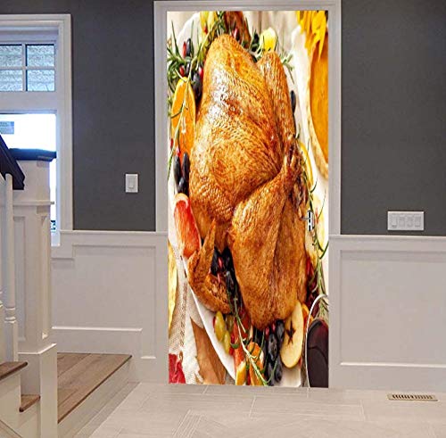 Etiqueta engomada de la puerta 3D PVC interior dormitorio autoadhesivo puerta arte pegatina mural cartel foto/pollo asado_77X200CM