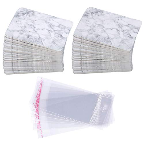 Etiquetas de regalo de papel tarjetas de aretes, 100 piezas de tarjetas postales de papel con 100 bolsas autoadhesivas, etiquetas de colores 3.75 x 1.96 pulgadas (Marbling)