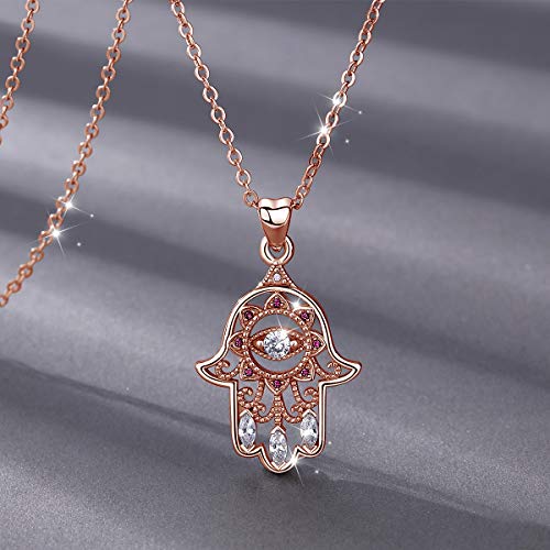 EUDORA Colgantes Mujer Plata de Ley 925 Aojo Mano de Hamsa Fátima Buena Suerte Claro CZ Vendimia Collar Colgante Regalos Originales para Mujer Hermanas Cadena de 18" (Oro rosa)