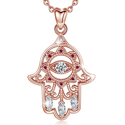 EUDORA Colgantes Mujer Plata de Ley 925 Aojo Mano de Hamsa Fátima Buena Suerte Claro CZ Vendimia Collar Colgante Regalos Originales para Mujer Hermanas Cadena de 18" (Oro rosa)