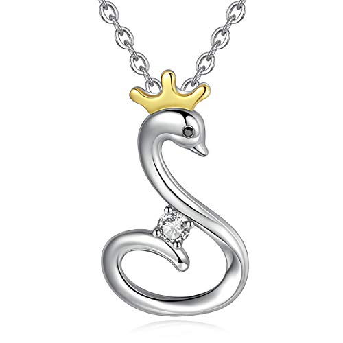 EUDORA Plata de ley 925 Noble Swan con Collar Colgante con Corona Enchapado en oro para Mujer, Colgante de Cisne Pequeño para Mujer, Longitud del collar 45, 7 cm