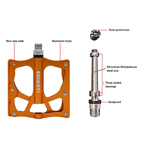 EULANT Amplio Plataforma Pedales MTB, Pedales Bicicleta Montaña Antideslizantes, Rodamientos de Tres Piezas Sellado, Pedal para Cycling Ciclismo MTB BMX Bike Bicycle Bicicleta Montaña, Oro