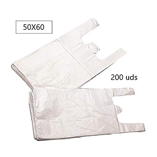 EUROXANTY® Bolsas de Plástico Tipo Camiseta | Alta resistencia | Reutilizables y Reciclables | Material Polietileno de Alta Densidad | Con Asas | Apta para Alimentos (Blanco, 50 x 60-200 uds)