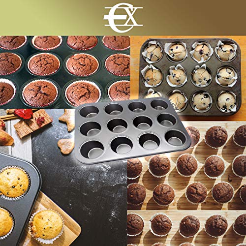 EUROXANTY® Moldes de Horno para 12 Magdalenas y Muffins | Acero al Carbono con Recubrimiento Antiadherente Fácil Limpieza (12 Redondo x2)