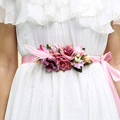 Ever Fairy moda flor cinturones de flores Conjunto de peine de pelo para mujer niña dama de honor vestido de satén cinturón boda fajas cinturón de la pluma tela elástica cinturón accesorios (D)