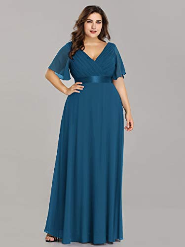 Ever-Pretty A-línea de Gala Vestido de Noche Cuello en V Manga Corta Largo para Mujer Teal 54