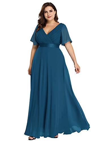 Ever-Pretty A-línea de Gala Vestido de Noche Cuello en V Manga Corta Largo para Mujer Teal 54