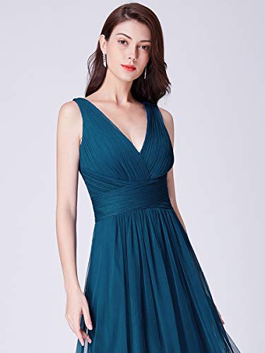 Ever-Pretty Vestido de Noche Tul Cuello en V sin Mangas Corte Imperio sin Respaldo A-línea para Mujer Verde Azulado 46