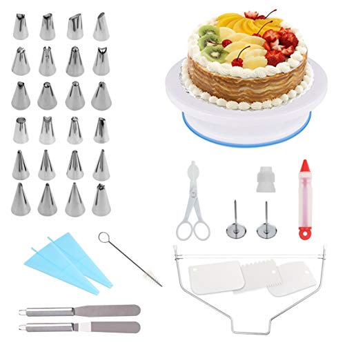 EVER RICH ® Kit de Herramientas de repostería para Pasteles. Kit Profesional de decoración de Magdalenas para Hornear, Soporte Giratorio (39 PCS)