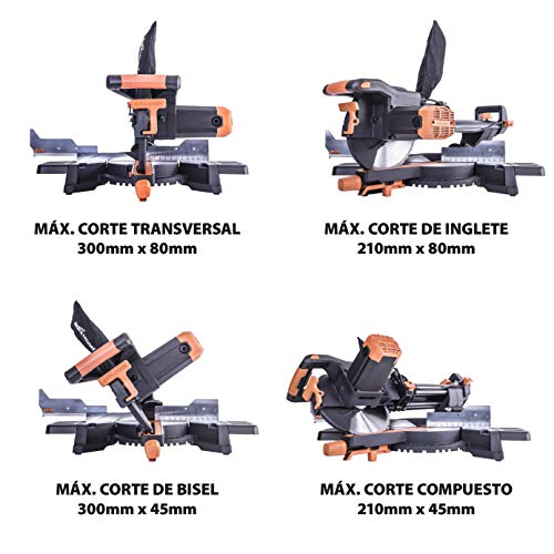 Evolution Power Tools R255SMS Sierra ingletadora deslizante multimaterial, con paquete plus, 2000 W, 230 V, 255 mm