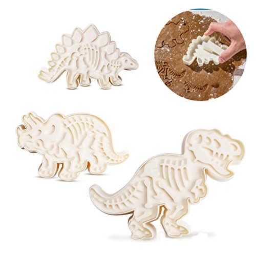 ewinever Jurassic - Moldes para galletas (3 dinosaurios, fósiles, PVC, Stegosaurus, tirannosaurus Rex Triceratops, 6 unidades)