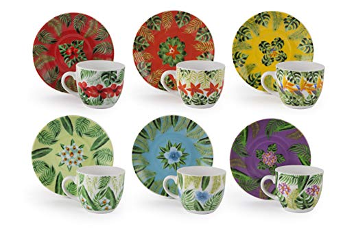 Excelsa Mandala Tropical - Juego de 6 tazas de café con platillo, porcelana