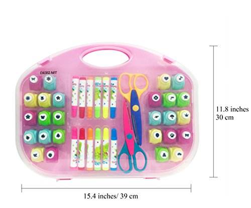 Exerz Set de Arte y Manualidades/Perforadores/Tijeras para Manualidades/Marcadores de Colores – 40 Piezas en un Estuche de Almacenamiento (Rosa, 40 Piezas)