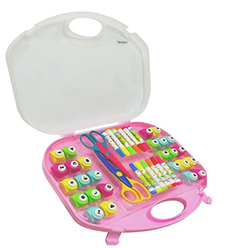 Exerz Set de Arte y Manualidades/Perforadores/Tijeras para Manualidades/Marcadores de Colores – 40 Piezas en un Estuche de Almacenamiento (Rosa, 40 Piezas)