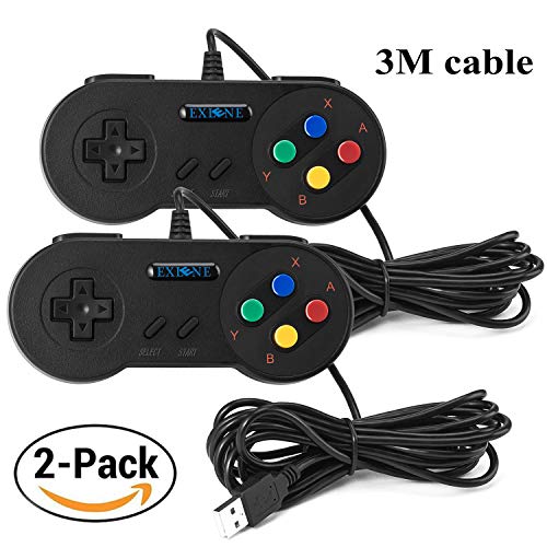 EXLENE 2 Pack SNES USB mando Controlador Gamepads 10ft/3m, Super Snes Classic Controller para PC Windows Ubuntu Raspberry Pi 3 Retropie Sega Genesis (Negro)