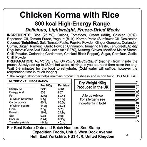 Expedition Foods Pollo Korma con arroz (800 kcal) – Comida Seca por congelación