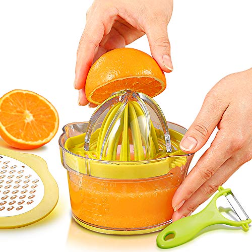 Exprimidor de Cítricos Manual Prensadora de frutas Exprimidor de Mano Portátil para Naranja Limón Lima y Cítricos con 2 Escariadores Pelador y 400ml Recipiente de Medición