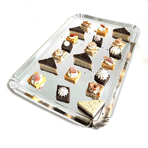 Extiff - Juego de 25 bandejas de cartón, 28 x 19 cm, bandejas de presentación para pastelería o Buffet frío (Plateado)