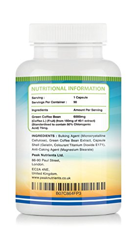 Extracto de Grano de Café Verde, 90 Cápsulas de 6000 mg (Suministro para 3 meses), Alta Concentración Para Máximos Resultados, Suplemento para el Control de Peso; Fabricado en el Reino Unido