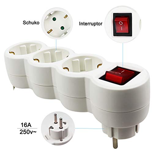 Extrastar adaptador plano con interruptor y tres enchufes schuko. 16A/250V~ MAx.3680W