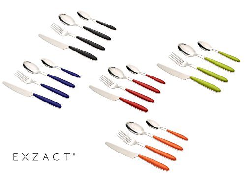 Exzact Conjunto de cuberteria con 24 Piezas - Acero Inoxidable con manecillas de Color - 6 Tenedores, 6 Cuchillos, 6 Cucharas, 6 Cucharaditas (Rojo x 24) (EX07)