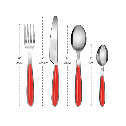 Exzact Conjunto de cuberteria con 24 Piezas - Acero Inoxidable con manecillas de Color - 6 Tenedores, 6 Cuchillos, 6 Cucharas, 6 Cucharaditas (Rojo x 24) (EX07)