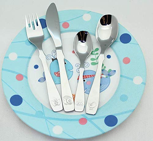 EXZACT Cubiertos para niños 12 piezas de acero inoxidable/utensilios para niños pequeños: 3 x tenedores, 3 x cuchillos de cena seguros, 3 x cucharas de cena, 3 x cucharas de té