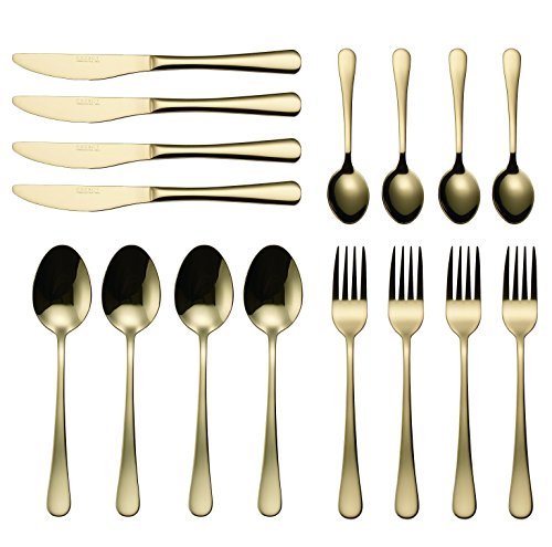 Exzact De Acero Inoxidable Cubiertos Cuchillería 16 PCS Set Cuchillería De 4 X Cena Tenedors, 4 X Cuchillos, 4 X Cucharas Cena, 4 X Cucharaditas - Servicio para 4 (Dorado/Oro Efecto)